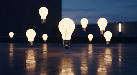 Floating lightbulbs illuminate a dark, sleek surface