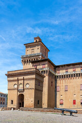This impressive cannon stands at Castello Estense, Ferrara, highlighting the historical significance of the fortress. Ferrara, Emilia-Romagna, Italy.
