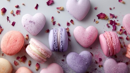 Flat lay of pastel macarons and heart shaped sweets scattered with dried rose petals