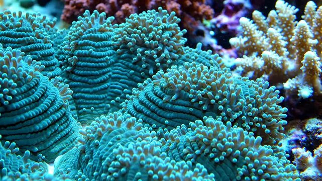 Coral reef with blue, pink, and white coral polyps underwater, natural scenery background