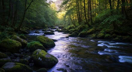 Fototapeta premium Forest stream glitters, mossy rocks line the water