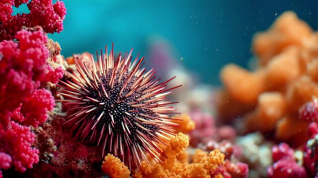 Stunning Underwater Coral Reef Sea Urchin Close Up Stock Footage Ocean Life Marine Biodiversity Vibrant Colors Tropical Fish Aquarium Backgrounds