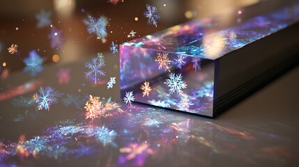 Close-up of a rectangular crystal prism with colorful snowflake projections, sitting on a surface