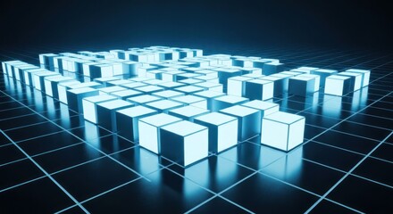 Glowing blue cubes rise on gridded dark surface