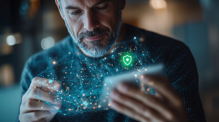 Focused European Man in Grey Sweater Holding Transparent Tablet with Glowing Green Shield Icon, Teal Background.