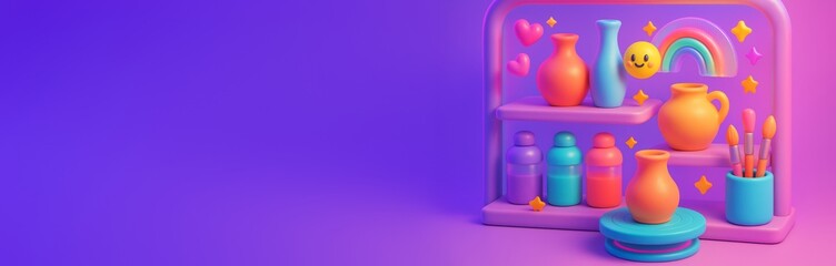 Colorful pottery art studio shelf with vases, paint bottles, brushes, and rainbow decoration on vibrant purple background for creative design template. Ai generative
