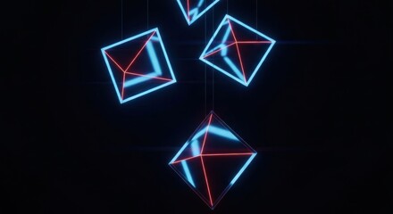 Glowing, neon tetrahedra float in dark void