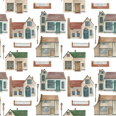 Watercolor  seamless pattern with cottages. Vintage hand drawn illustration