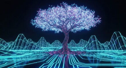 Glowing tree on circuit landscape