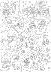Vector Easter village map. Rural line detailed scene or coloring page with church, bunny, colored eggs, animals, house with carrots and garden, chicks. Spring black and white holiday landscape