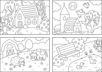 Vector Easter village horizontal landscapes set. Rural line scenes with chapel, farm field, house with garden, pond with bench. Spring holiday black and white background, coloring page