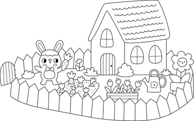 Rural line scene with bunny in the garden with carrot bed. Spring holiday black and white scenery, coloring page for kids with country house. Vector Easter village with rabbit and his home