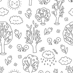 Vector spring seamless pattern. Line garden repeat background with trees, flowers, dandelions, weather element. Easter black and white holiday digital paper, coloring page