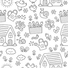 Vector Easter seamless pattern. Line farm or garden repeat background with country house, flowers, watering can, insects, birds. Black and white Spring holiday digital paper or coloring page