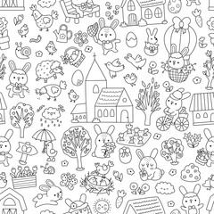 Vector Easter line seamless pattern. Farm black and white repeat background with bunny, chicks, church, eggs, basket, flowers, house, nature element. Spring holiday coloring page