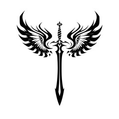 Stunning black sword with wings tattoo design on white background