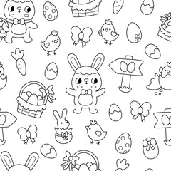 Vector Easter seamless pattern. Line farm repeat background with bunny, chicks, basket, eggs, carrot, egg hunt sign, chocolate hare. Black and white spring holiday digital paper or coloring page