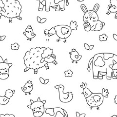 Vector seamless pattern with farm animals and birds. Line Easer repeat background with bunny, chicks, cow, sheep, hen, duck, goose. Spring holiday black and white digital paper, coloring page