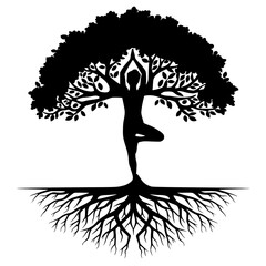 Yoga tree silhouette with roots and leafy branches