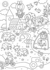 Vector Easter village landscape. Rural detailed line scene with church, bunny driving carrot shaped car, cows, egg hunt sign. Black and white spring holiday background, coloring page for kids