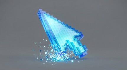 Blue pixelated digital cursor breaking into particles on gray background,symbolizing internet,technology,interaction,cyberspace and online transformation