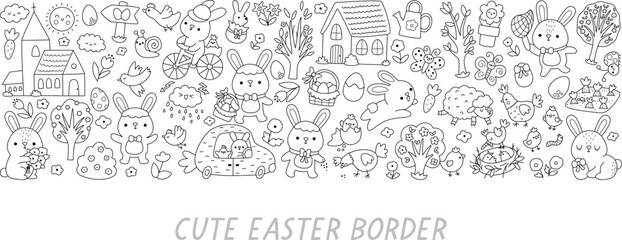 Vector Easter horizontal line border set with bunny, chick, colored egg. Card template design for banners, invitations. Black and white spring holiday illustration, coloring page © Lexi Claus