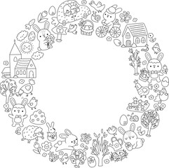 Vector Easter round border frame with bunny, chick, egg. Black and white card template design for banners, invitations. Black and white spring holiday wreath shaped illustration, coloring page