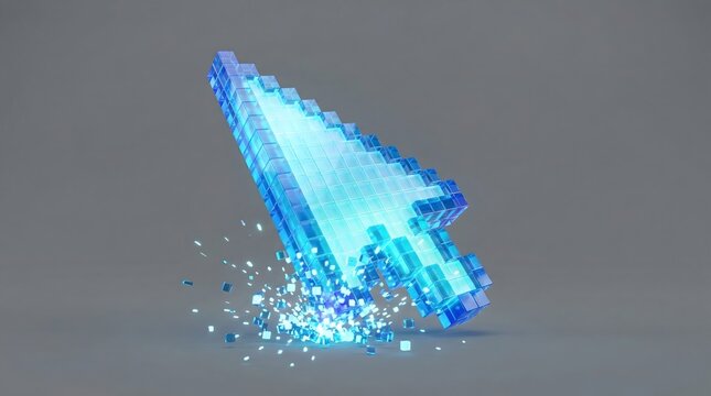 Blue pixelated digital cursor breaking into particles on gray background,symbolizing internet,technology,interaction,cyberspace and online transformation - Powered by Adobe