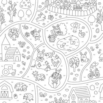 Vector black and white seamless pattern with Easter village map. Rural line repeat background. Spring holiday landscape digital paper, coloring page with church, bunny, eggs, animals, house