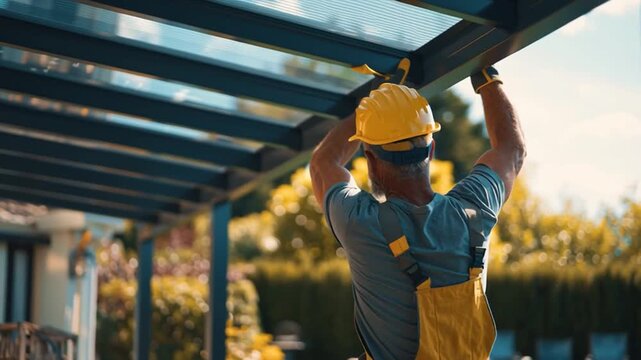 Professional Construction Worker Installing Modern Patio Cover