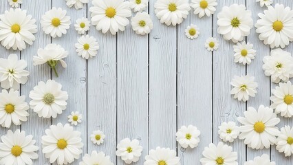Fototapeta premium White daisies scattered on rustic wooden planks with yellow centers and green