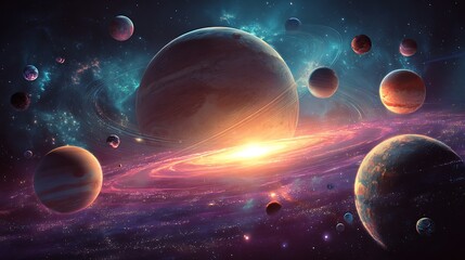 A cosmic scene depicting planets and nebulas in a vibrant display