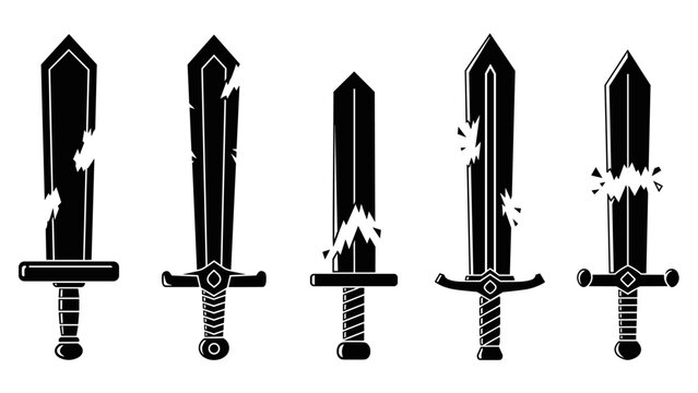Set of five damaged ancient swords, black silhouettes on white background.