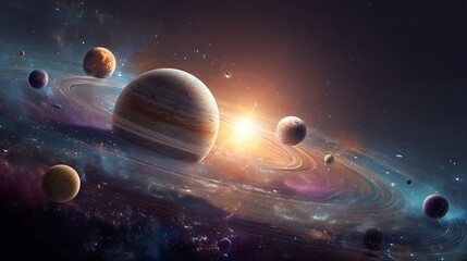 Artistic depiction of a planetary system with vibrant colors and cosmic dust