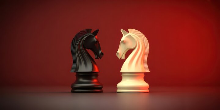 Two chess knights facing each other on a red background
