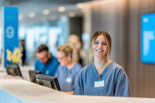A young nurse in scrubs warmly greets visitors at the reception desk of a modern healthcare center, with staff working in background.