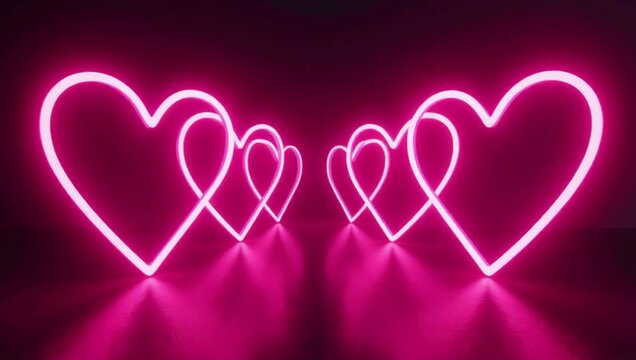 two pink neon hearts dark background creating striking contrast hearts illuminated bright pink hue giving image vib