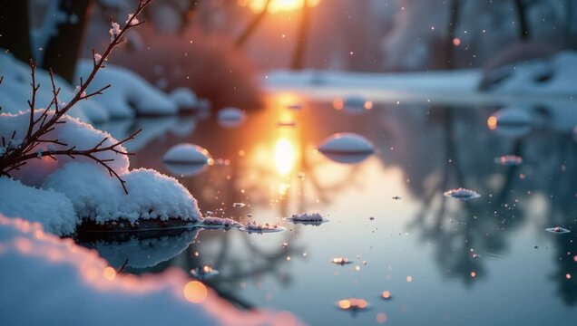 beautiful winter scene river foreground covered snow illuminated warm light setting sun trees b