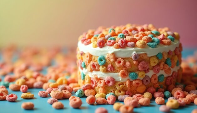 Cake covered with colorful cereal loops sits on blue surface. Festive cake for birthday celebration. Dessert decorated with fruity circles. Sweet treat for party holiday. Edible art with cheerful