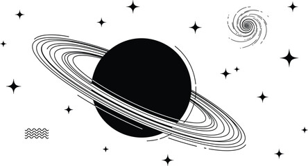 Stylized space illustration, planet with rings, stars, galaxy swirl, abstract cosmos, black and white vector, flat design, astronomy concept
