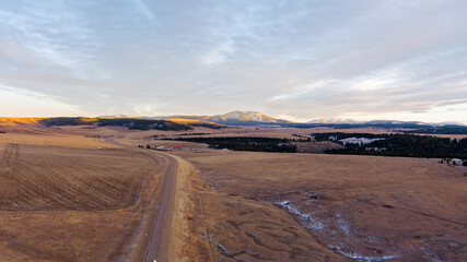 Aerial view of the Montana landscape at sunset in December near Showdown Ski area