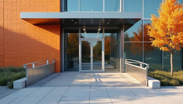Modern building entrance features automatic glass doors, wheelchair ramp. Accessible design elements, like safety rails, ensure easy entry for visitors. Orange brick wall complements bright autumn