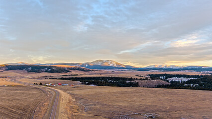 Aerial view of the Montana landscape at sunset in December near Showdown Ski area