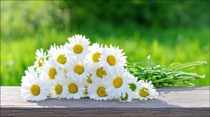 Fresh daisies in a simple bouquet, bathed in natural daylight with a soft green backdrop.
