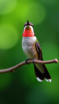 hummingbird perched atop tree branch blurred background bird perched stem tree wings spread wide b