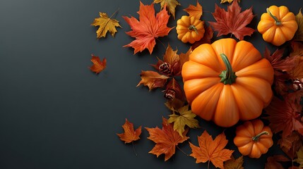 Autumnal arrangement featuring pumpkins and vibrant foliage on a dark background