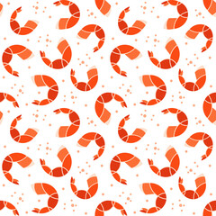 Pattern fried prawn food. Red shrimp seafood cartoon design. Tempura seamless pattern background.