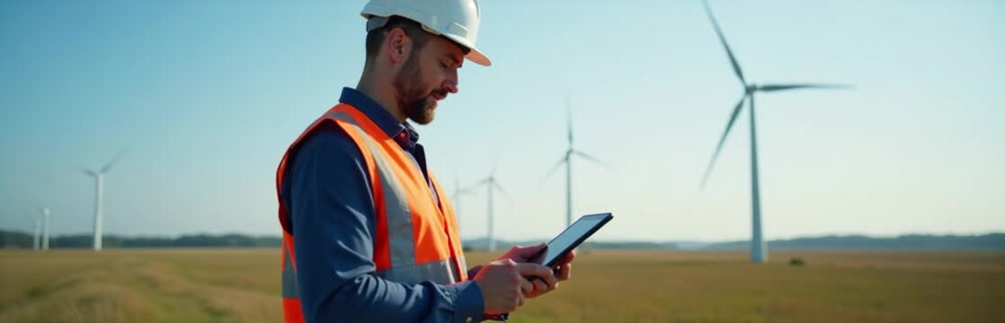 man hard hat safety vest standing field holding tablet hands background image filled windmills tr