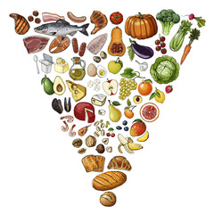 Naklejka na ściany i meble New Healthy Eating Pyramid. Colored food vector illustration, including vegetables and fruits, meat, and dairy products.