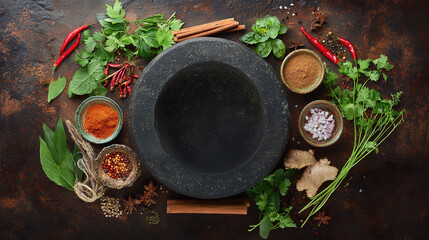 Asian cuisine ingredients beautifully arranged on a rustic stone surface with fresh herbs and spices.
